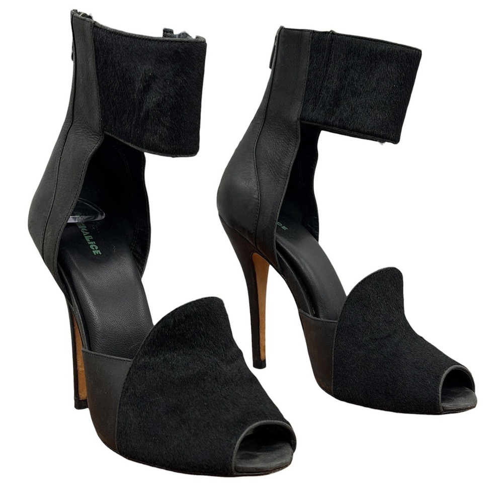 ASK ALICE Peep Toe Heels Ankle Cuff Women SZ 38 Black Leather Calf Hair $350